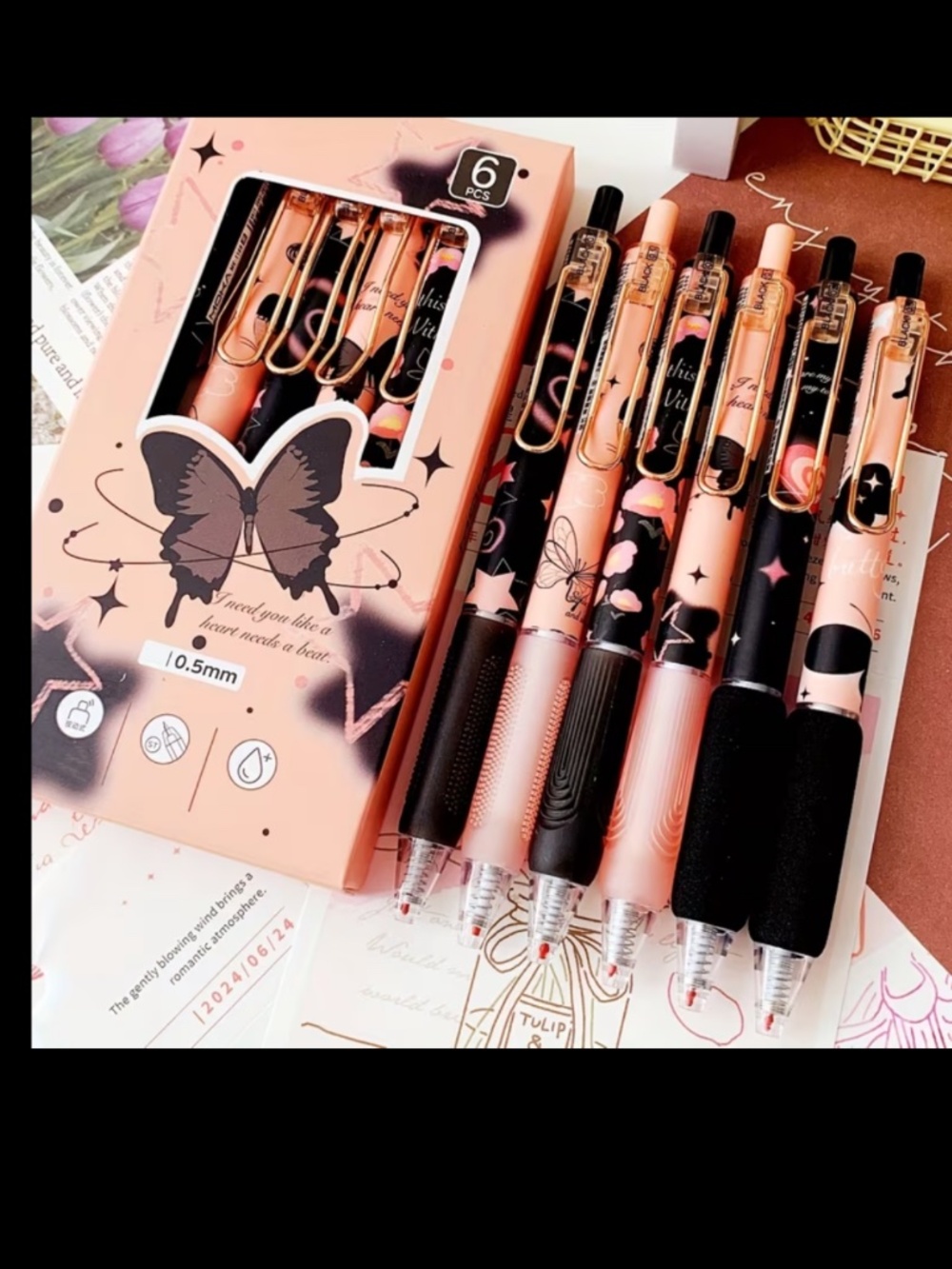 Set of 6 Gift Boxed ink pens~Black Frosted Butterfly~0.5mm Black Ink~NEW